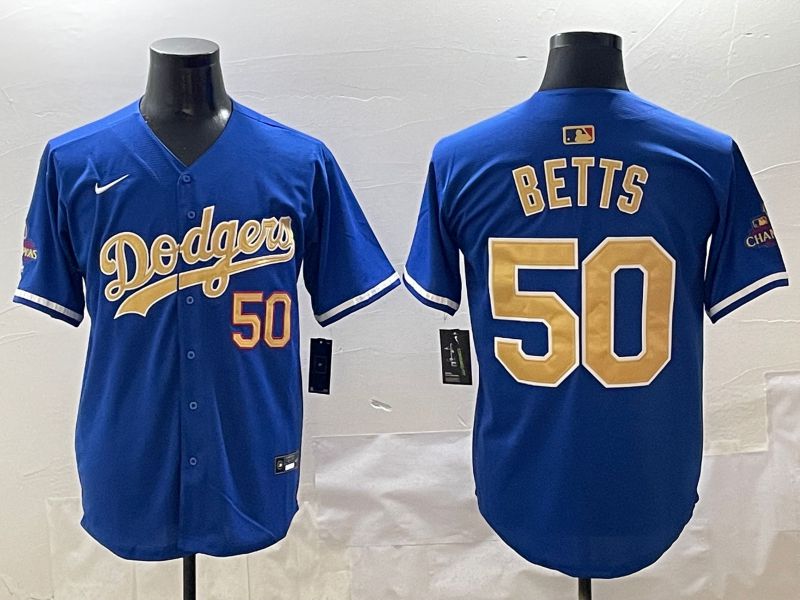 Men Los Angeles Dodgers 50 Betts Blue Champion gold character 2025 Nike MLB Jersey style 412